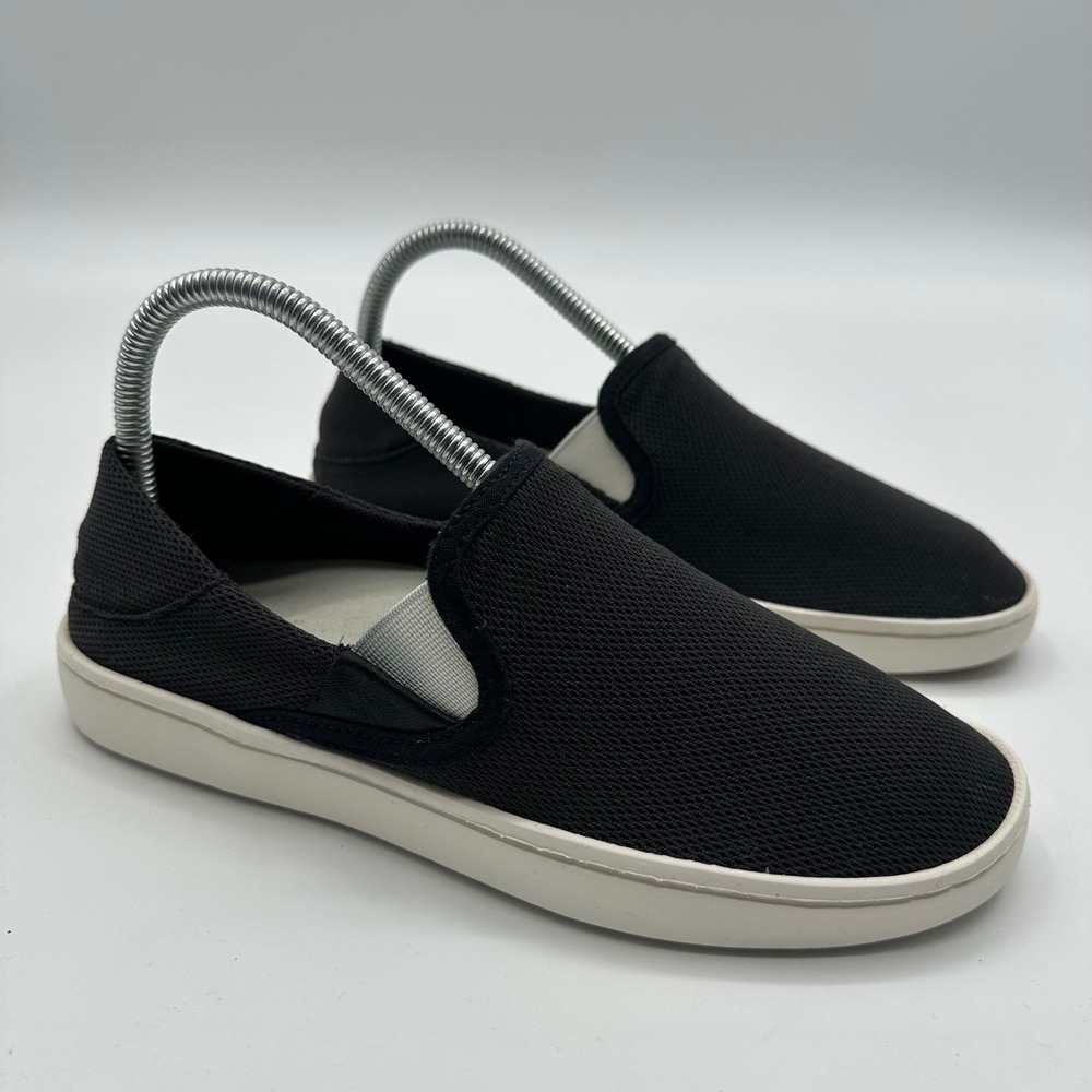OluKai Pehuea Black Mesh Slip On Boat Sneakers Women 7.5 Drop In Heel 20271-40V2